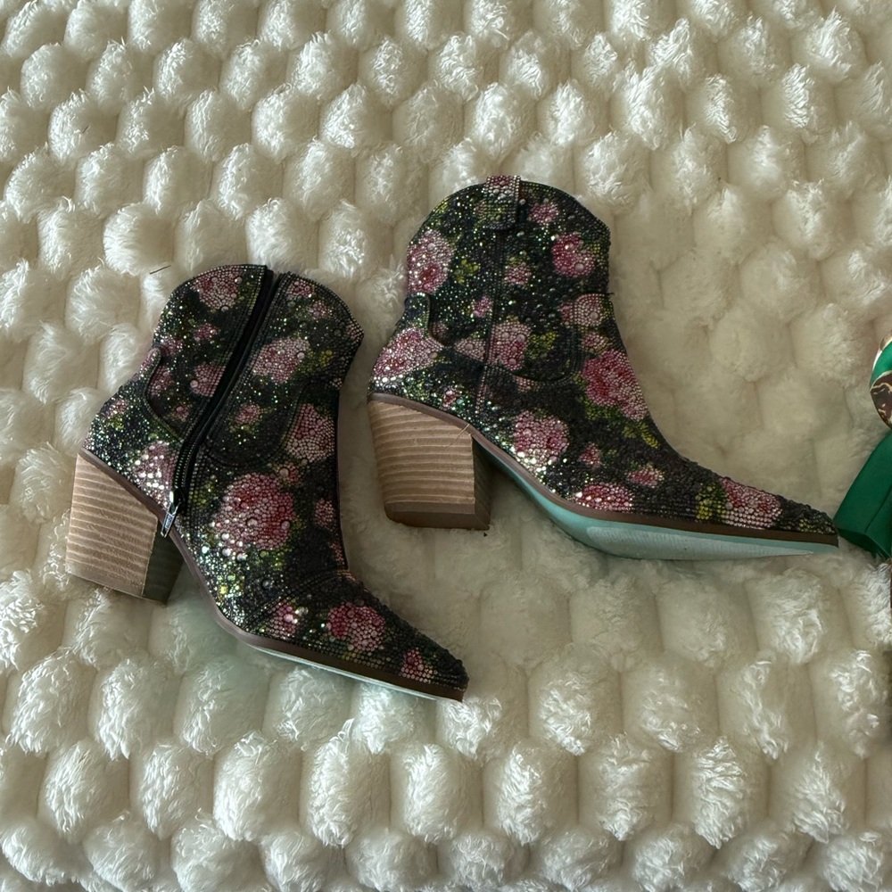 Diva Black and Pink Floral Ankle Booties BETSY JOHNSON